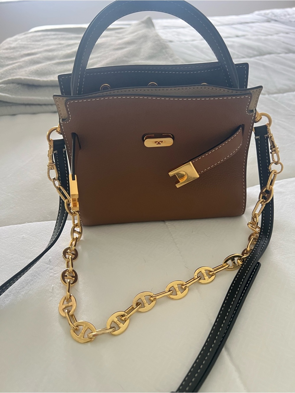 Tory Burch Brown Leather Mini Top-Handle Bag with Gold Chain